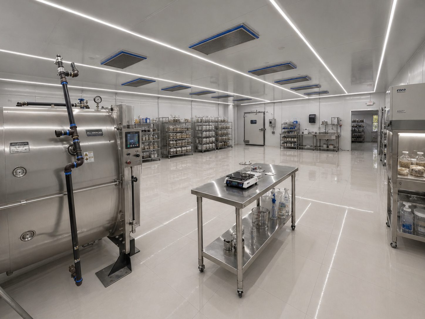 Highland Mushrooms cleanroom — autoclave sterilizer and substrate preparation