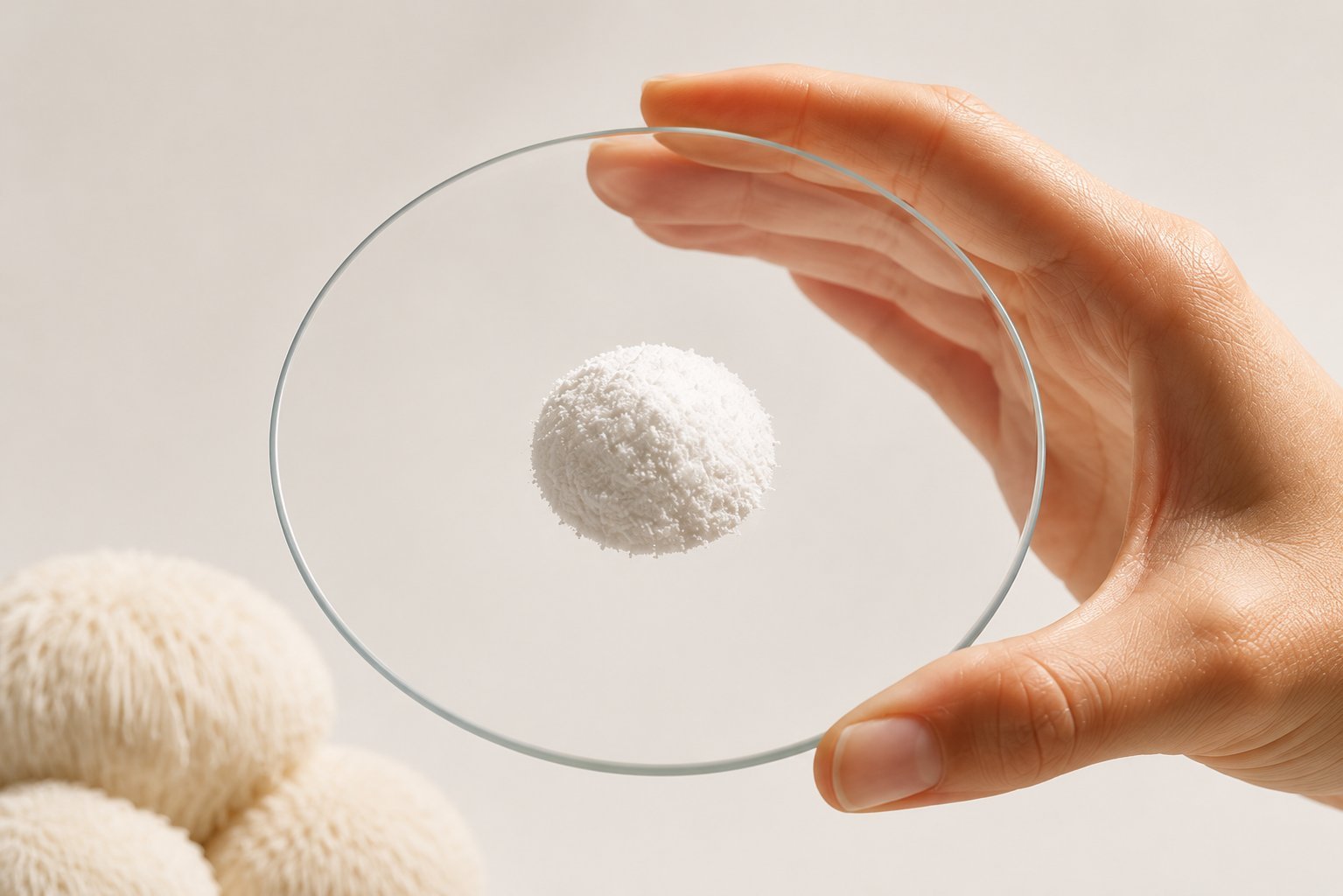Hand holding a glass watch dish with a precise mound of Highland Lion's Mane extract powder, with whole Lion's Mane fruiting body visible in the foreground