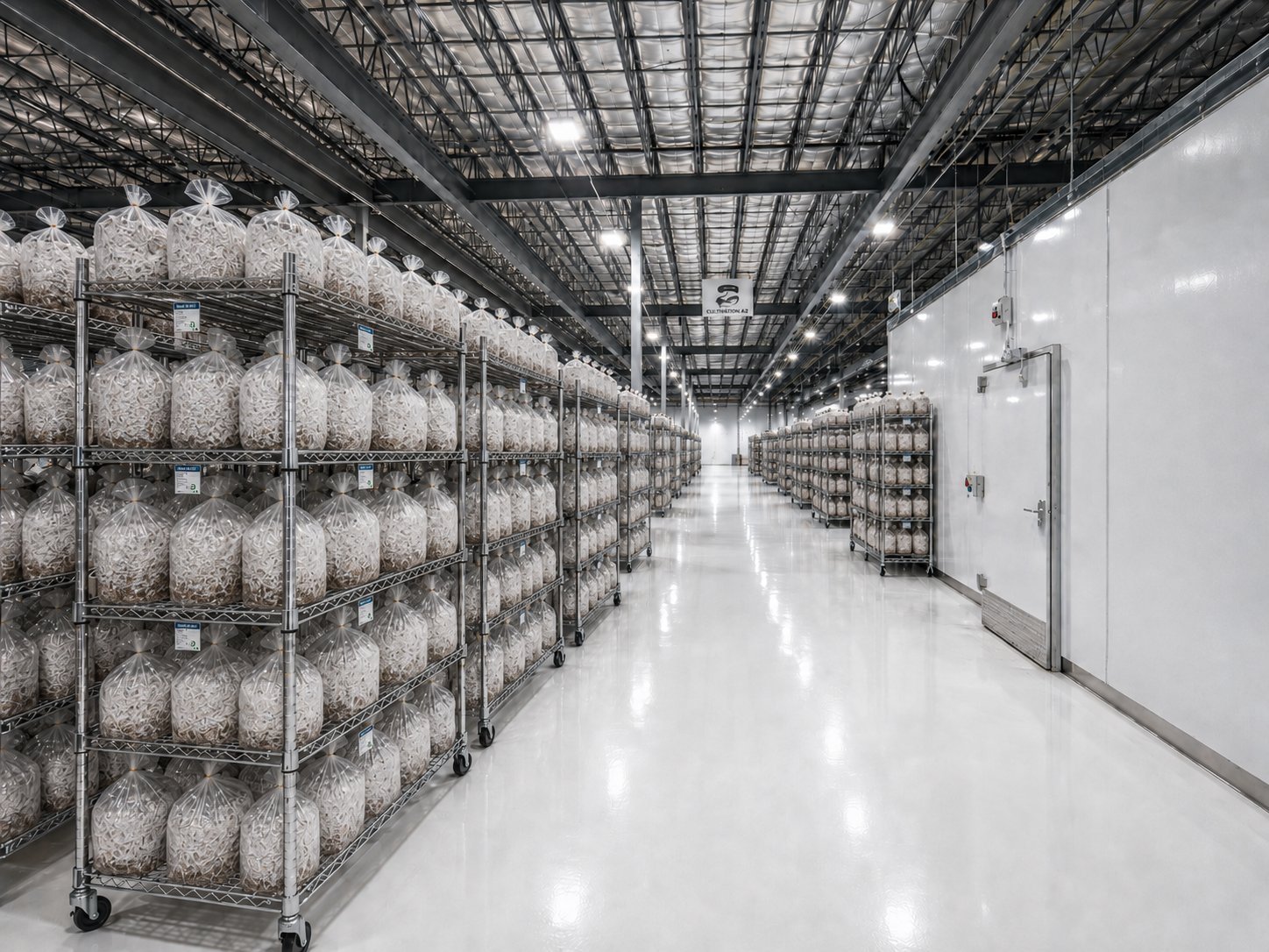 Highland cultivation hall — rows of substrate bags on stainless steel rolling racks under cleanroom lighting, polished epoxy floor extending the length of the facility